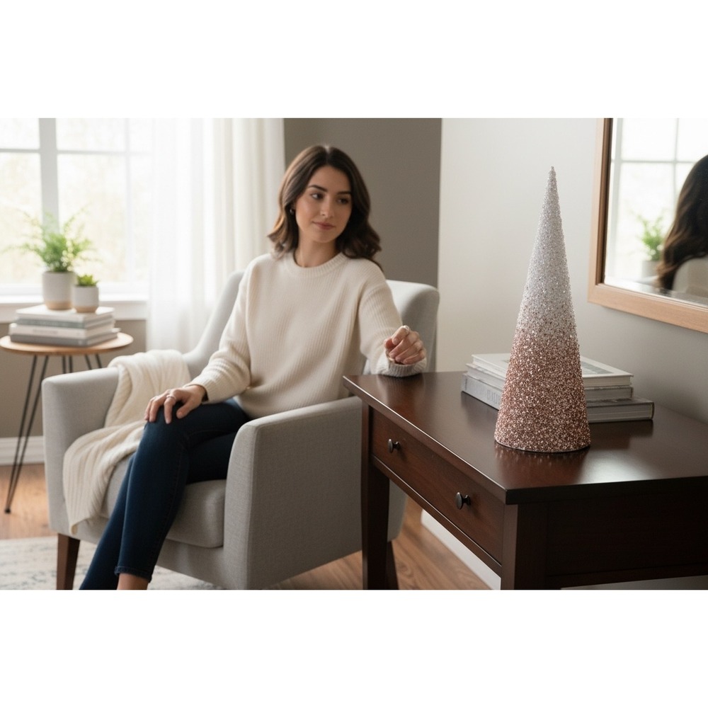 Sparkle Cone Tree Rose Gold White Glitter Tabletop Holiday Decor 20‎ in